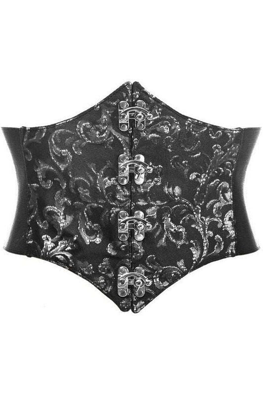 Lavish Black/Silver Swirl Brocade Corset Belt Cincher w/Clasps - Daisy Corsets