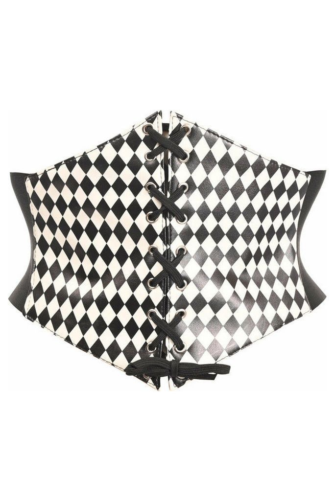 Lavish Black/White Diamond Lace - Up Corset Belt Cincher - Daisy Corsets