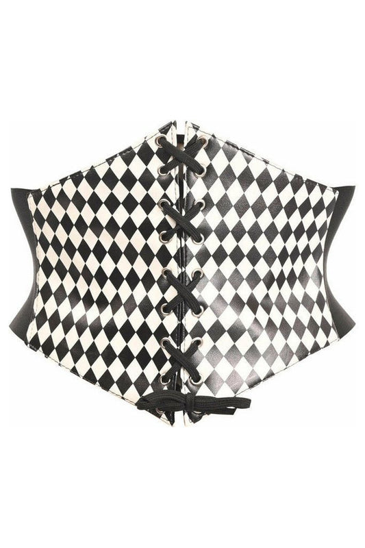 Lavish Black/White Diamond Lace - Up Corset Belt Cincher - Daisy Corsets