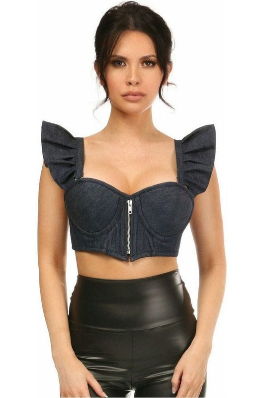 Lavish Blue Denim Underwire Bustier Top w/Removable Ruffle Sleeves - Daisy Corsets