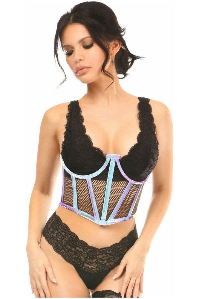 Lavish Blue/Purple Holo & Fishnet Underwire Waist Cincher Corset - Daisy Corsets