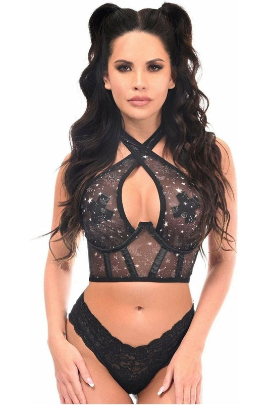 Lavish Celestial Print Mesh Underwire Cincher w/Built In Halter Top - Daisy Corsets