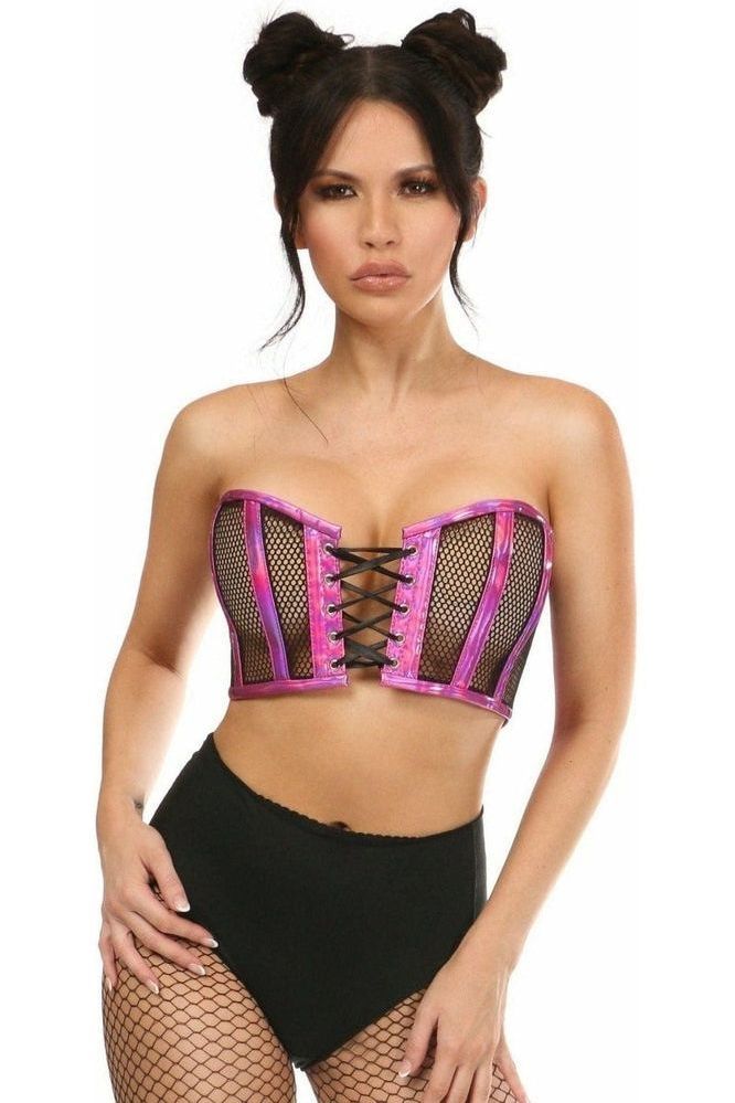 Lavish Fuchsia Holo & Fishnet Lace - Up Short Bustier Top - Daisy Corsets