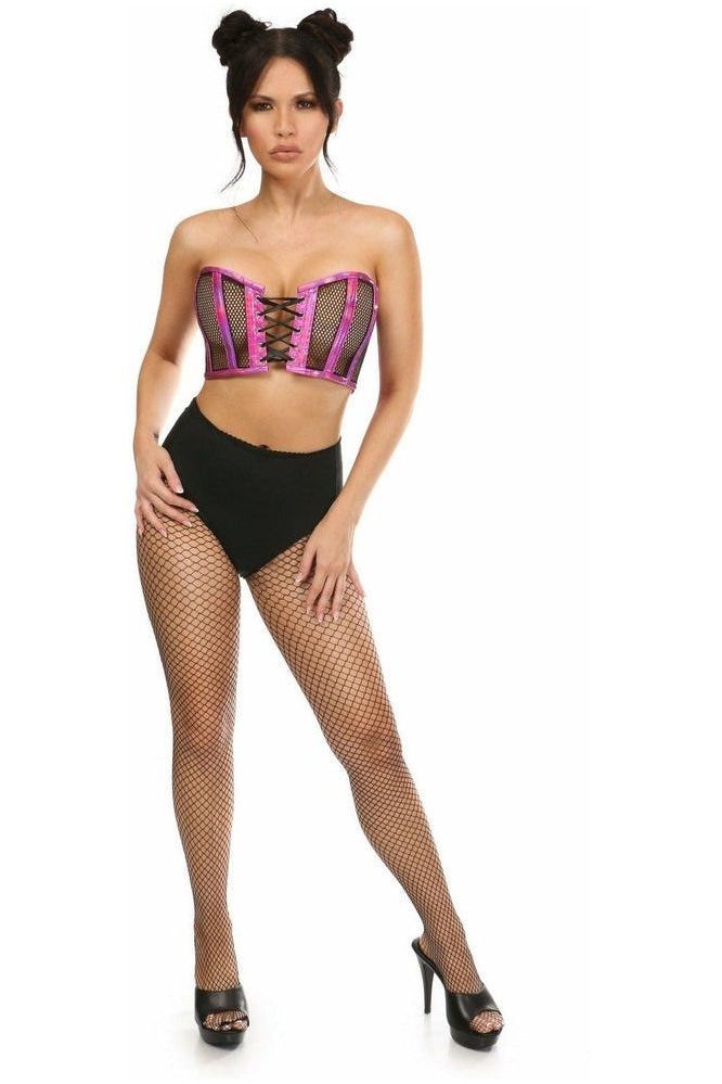 Lavish Fuchsia Holo & Fishnet Lace - Up Short Bustier Top - Daisy Corsets
