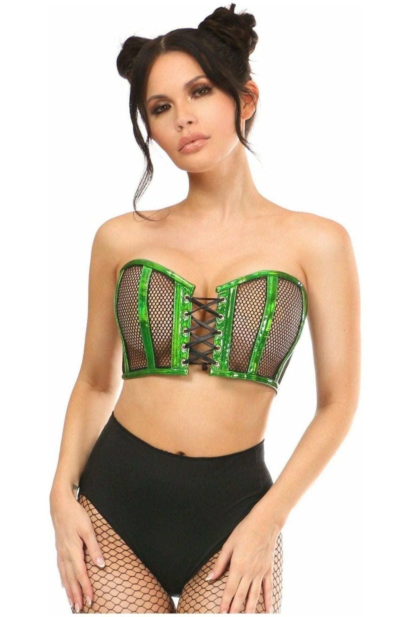 Lavish Green Holo & Fishnet Lace - Up Short Bustier Top - Daisy Corsets