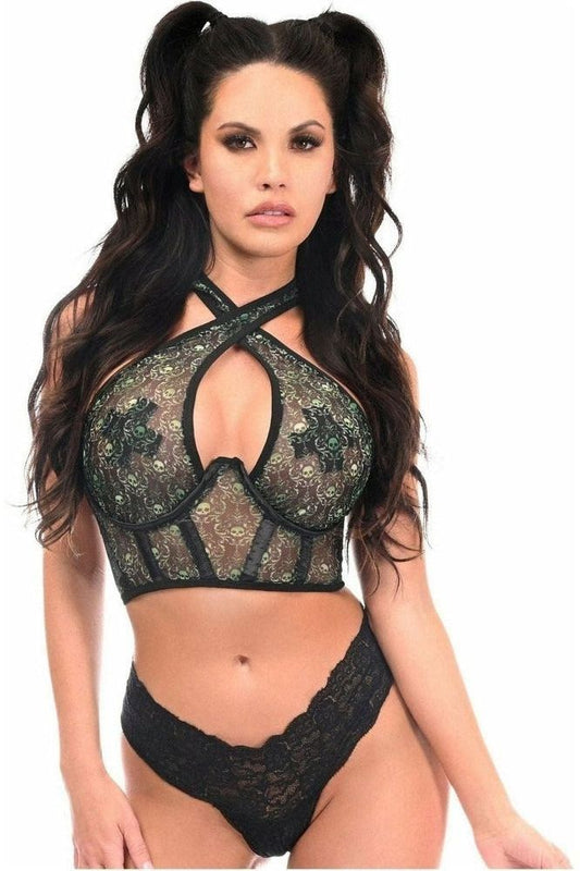 Lavish Green Skulls Print Mesh Underwire Cincher w/Built In Halter Top - Daisy Corsets