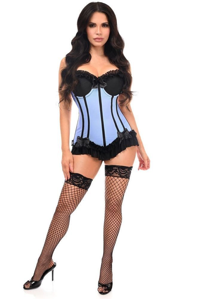 Lavish Lt Blue w/Black Lycra Hook & Eye Stretch Bustier Corset - Daisy Corsets