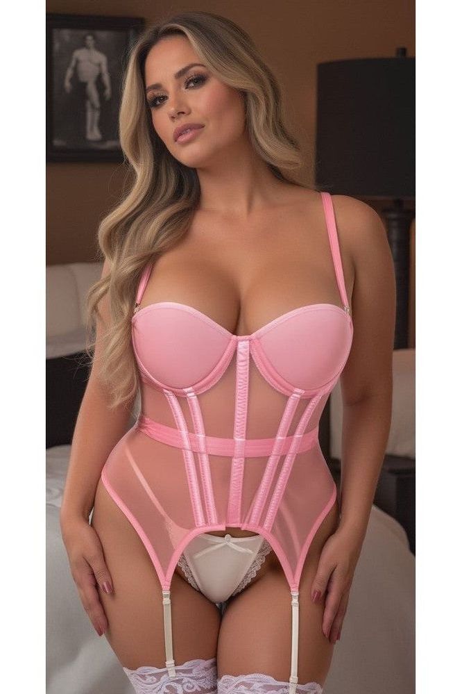Lavish Lt Pink Mesh Underwire Bustier Corset w/Garters - Daisy Corsets