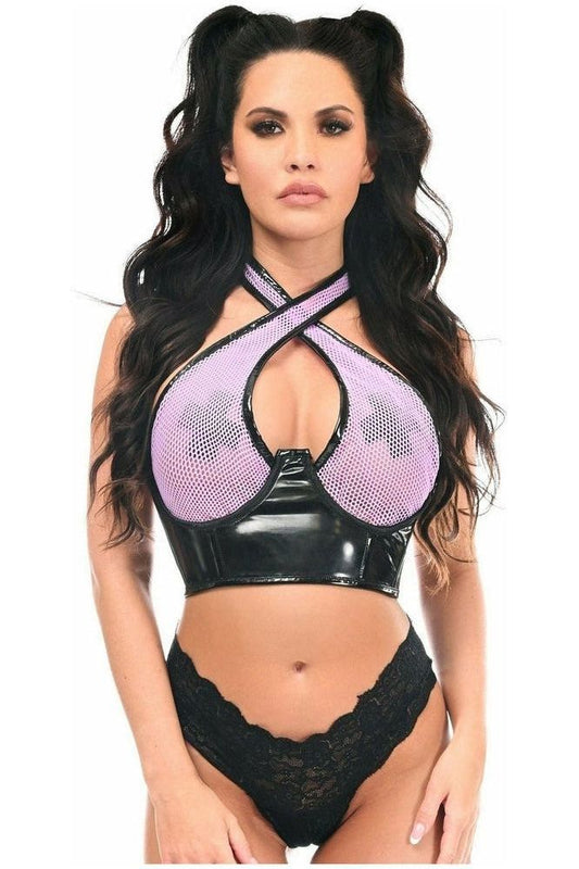 Lavish Lt Purple/Black Vinyl & Fishnet Halter Top Underwire Cincher - Daisy Corsets