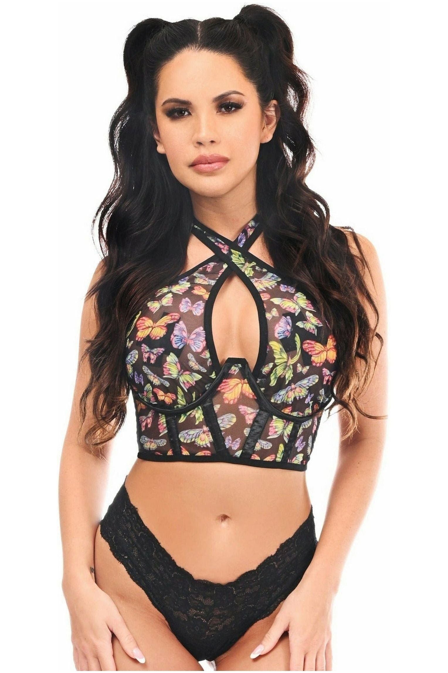 Lavish Multi Butterflies Mesh Underwire Cincher w/Built In Halter Top - Daisy Corsets