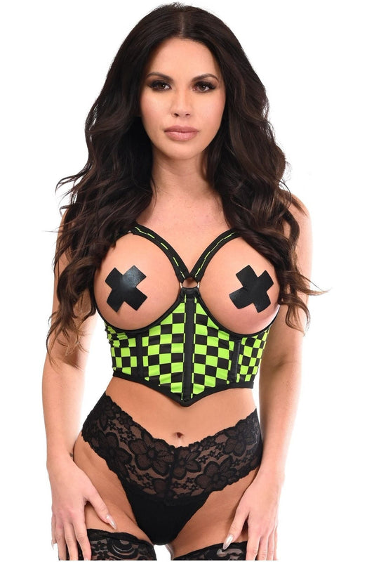 Lavish Neon Green Checker Underwire Open Cup Lycra Cincher w/Criss Cross Back - Daisy Corsets
