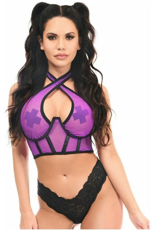 Lavish Neon Purple Mesh Underwire Cincher w/Built In Halter Top - Daisy Corsets