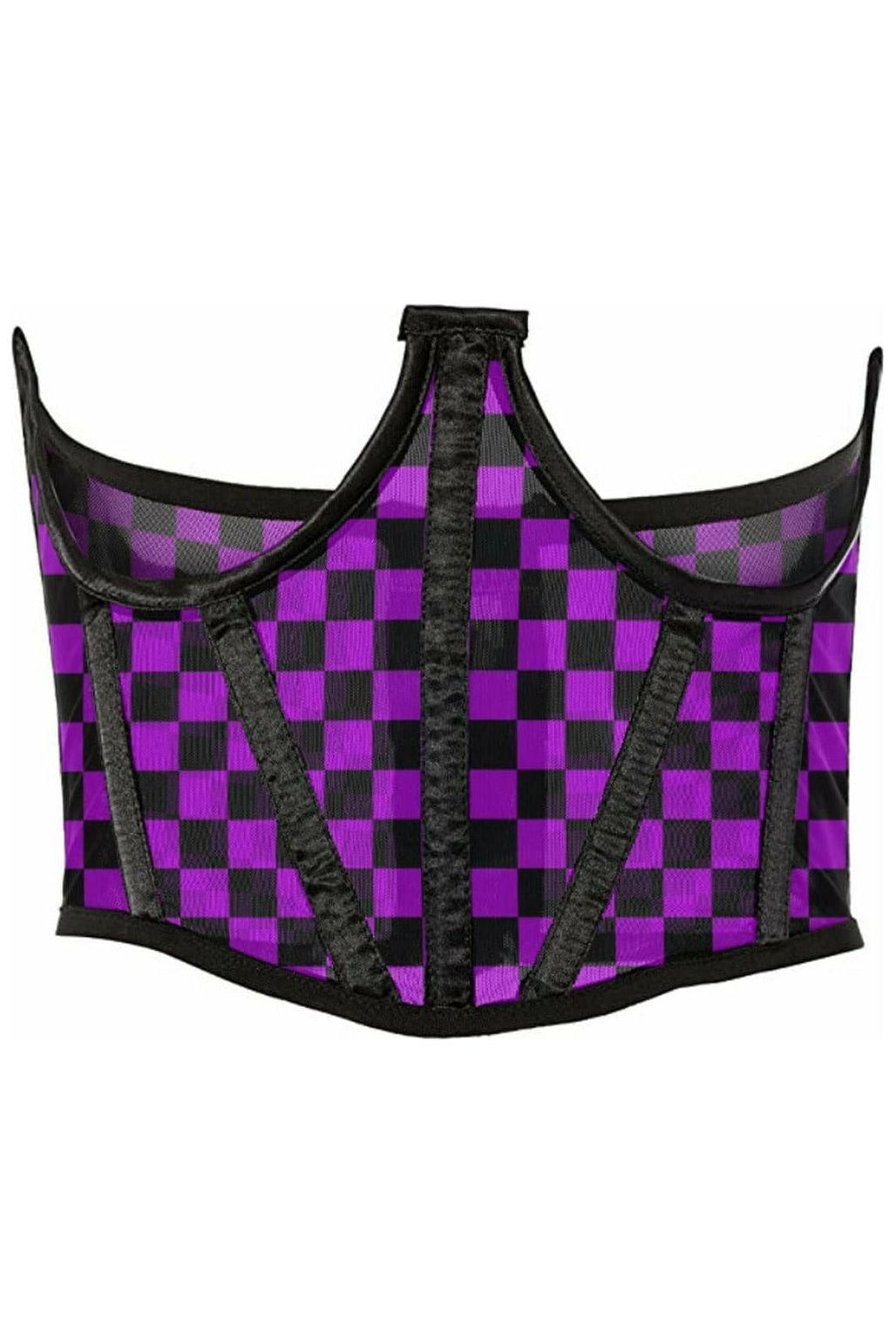 Lavish Neon Purple/Black Checker Print Mesh Open Cup Waist Cincher - Daisy Corsets