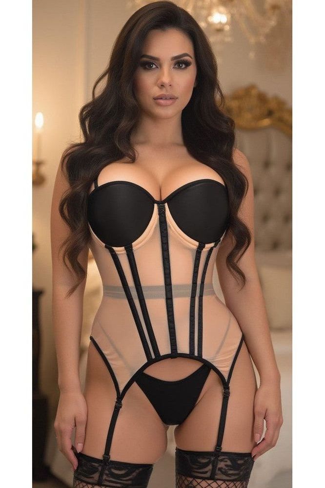 Lavish Nude/Black Mesh Underwire Bustier Corset w/Garters - Daisy Corsets