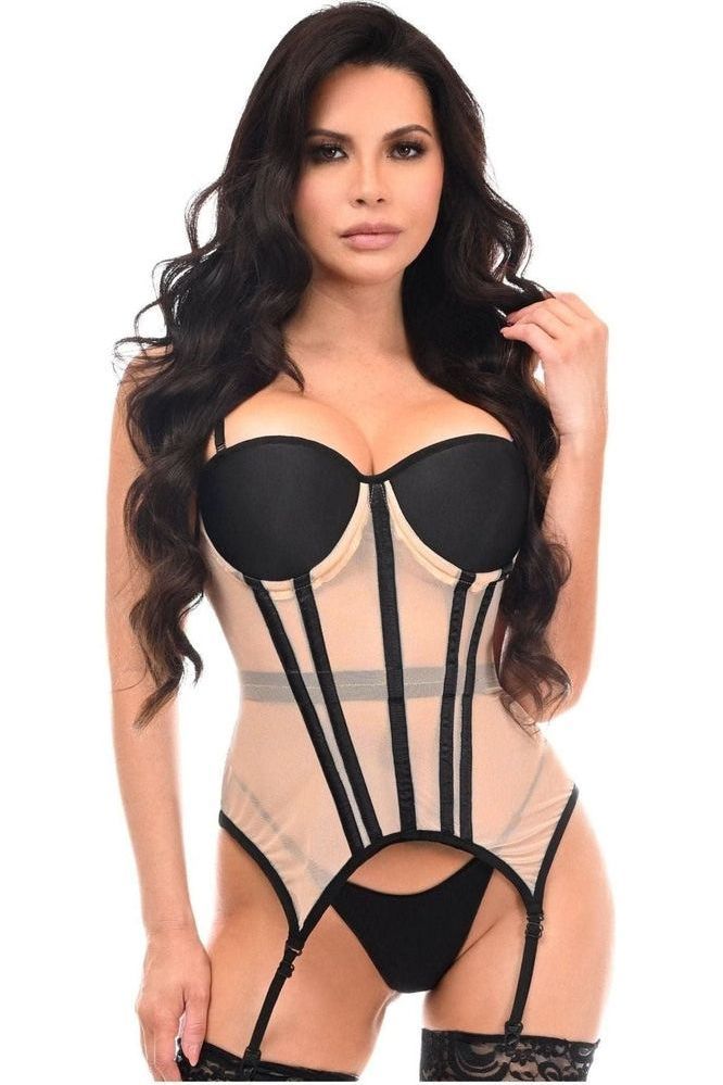 Lavish Nude/Black Mesh Underwire Bustier Corset w/Garters - Daisy Corsets