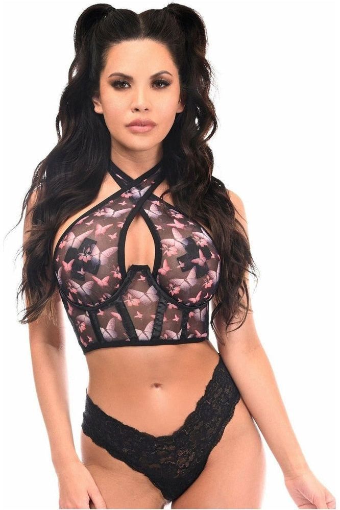 Lavish Pink & Purple Butterfly Mesh Underwire Cincher w/Built In Halter Top - Daisy Corsets
