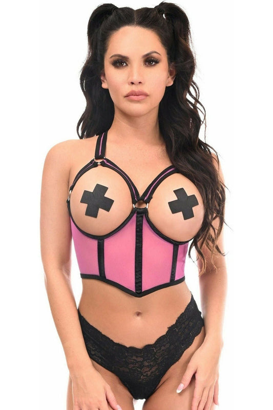 Lavish Pink Underwire Open Cup Mesh Cincher w/Criss Cross Back - Daisy Corsets