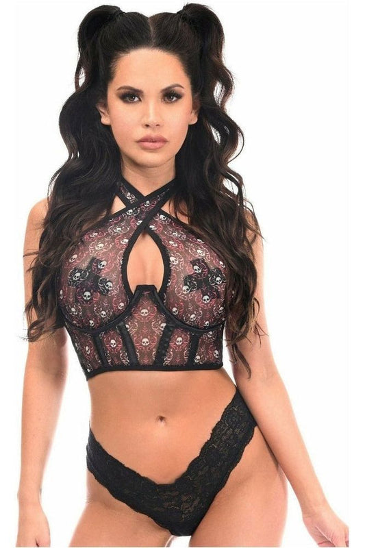 Lavish Pink & White Skull Mesh Underwire Cincher w/Built In Halter Top - Daisy Corsets