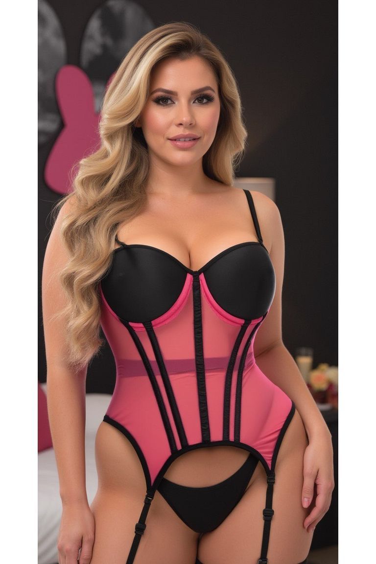 Lavish Pink/Black Mesh Underwire Bustier Corset w/Garters - Daisy Corsets