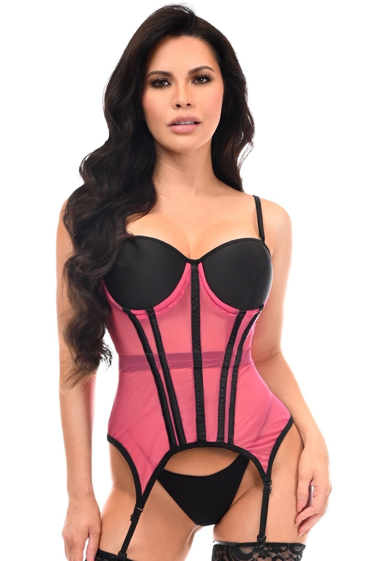 Lavish Pink/Black Mesh Underwire Bustier Corset w/Garters - Daisy Corsets
