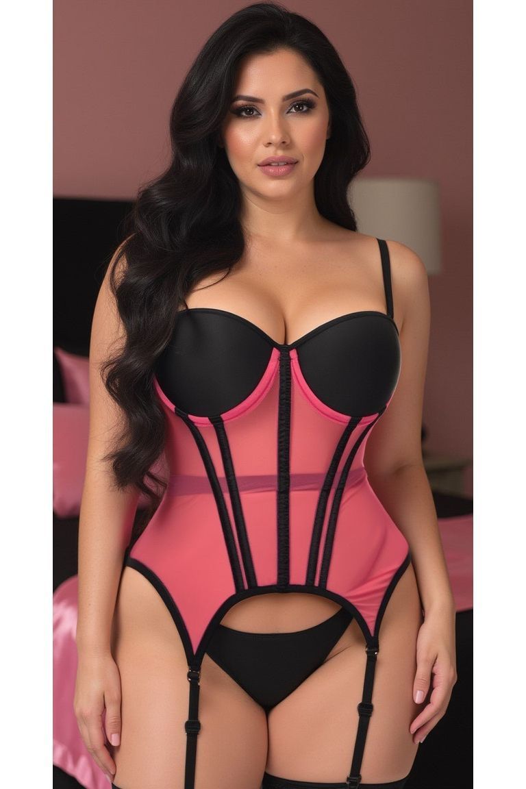 Lavish Pink/Black Mesh Underwire Bustier Corset w/Garters - Daisy Corsets