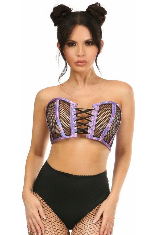 Lavish Purple Holo & Fishnet Lace - Up Short Bustier Top - Daisy Corsets