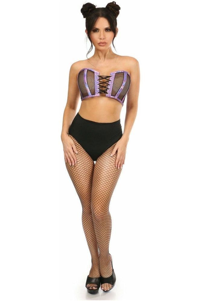 Lavish Purple Holo & Fishnet Lace - Up Short Bustier Top - Daisy Corsets