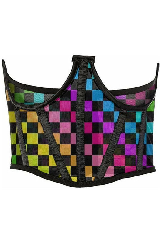 Lavish Rainbow Checkers Print Mesh Open Cup Waist Cincher - Daisy Corsets