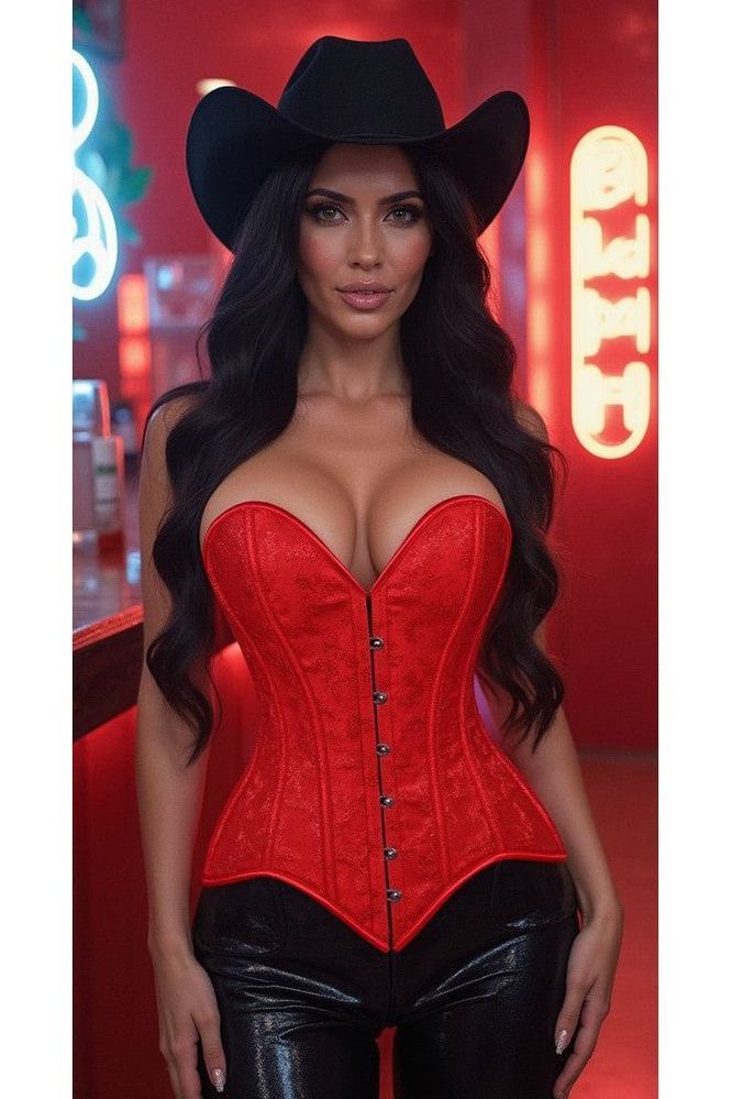 Lavish Red Brocade Overbust Corset W/Busk Closure - Daisy Corsets