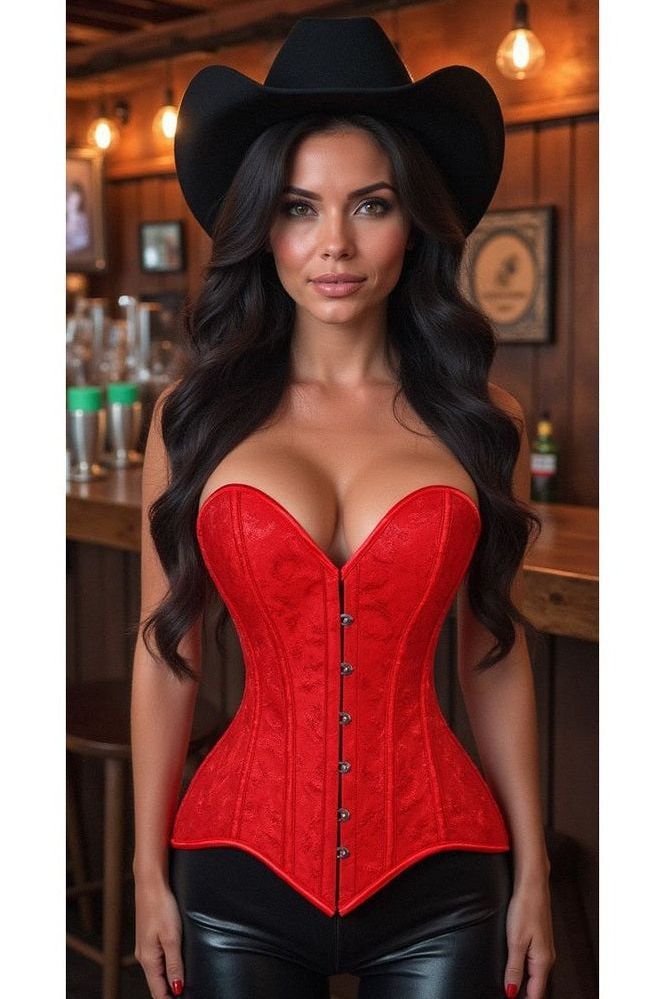 Lavish Red Brocade Overbust Corset W/Busk Closure - Daisy Corsets