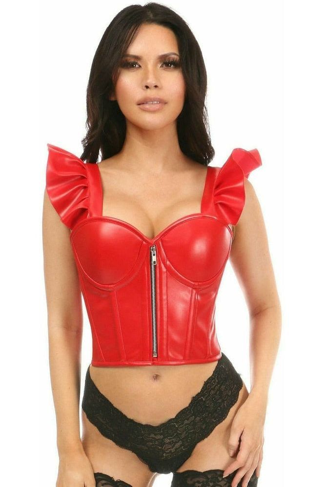 Lavish Red Faux Leather Bustier Top w/Ruffle Sleeves - Daisy Corsets