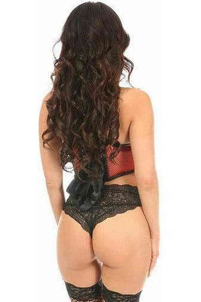 Lavish Red Fishnet & Faux Leather Lace - Up Short Bustier Top - Daisy Corsets