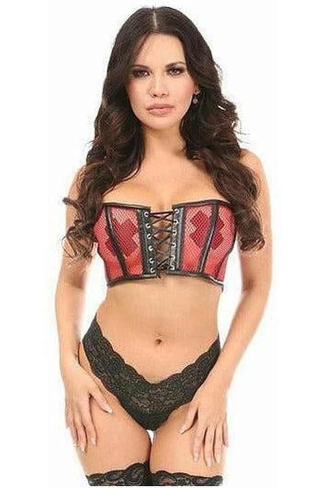 Lavish Red Fishnet & Faux Leather Lace - Up Short Bustier Top - Daisy Corsets