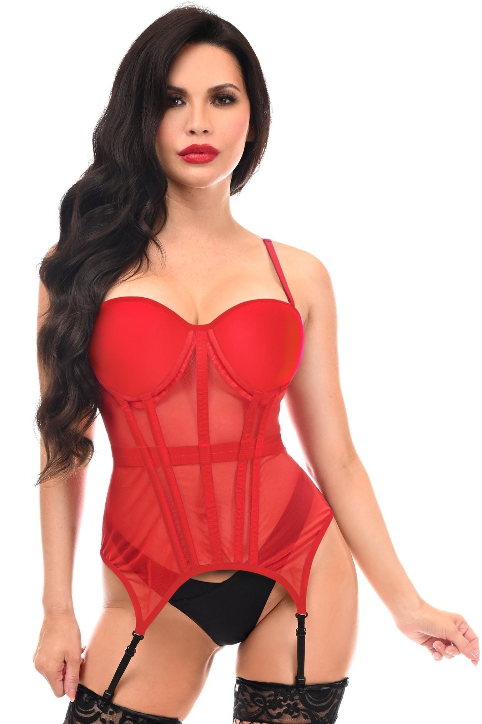 Lavish Red Mesh Underwire Bustier Corset w/Garters - Daisy Corsets