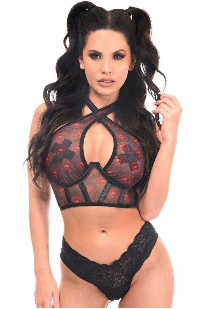 Lavish Red Skulls Print Mesh Underwire Cincher w/Built In Halter Top - Daisy Corsets