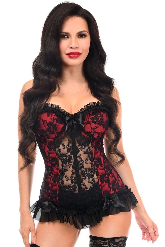 Lavish Red w/Black Lace & Lycra Hook & Eye Stretch Bustier Corset - Daisy Corsets