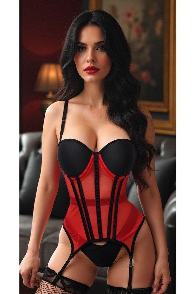 Lavish Red/Black Mesh Underwire Bustier Corset w/Garters - Daisy Corsets