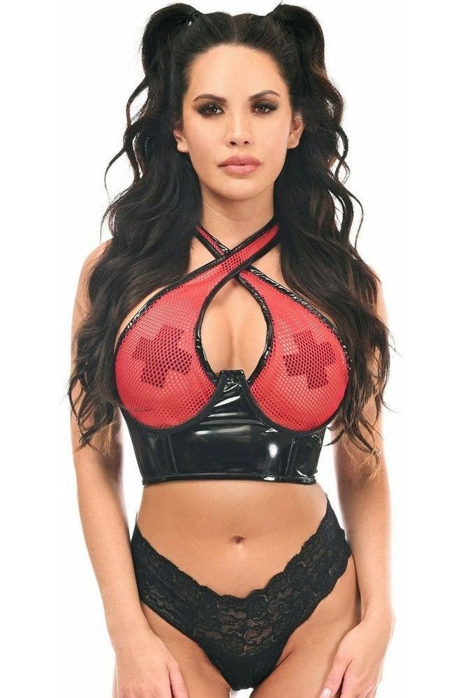 Lavish Red/Black Vinyl & Fishnet Halter Top Underwire Cincher - Daisy Corsets