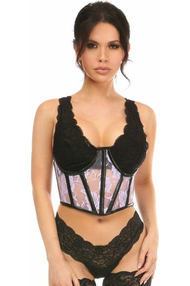 Lavish Sheer Lavender Lace & Faux Leather Open Cup Waist Cincher - Daisy Corsets