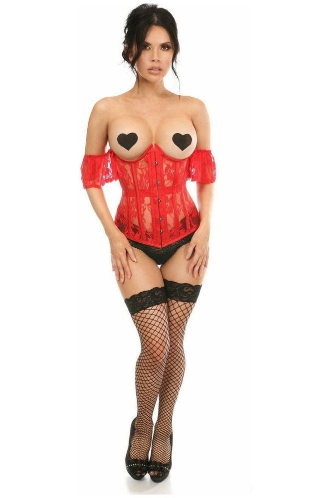 Lavish Sheer Red Lace Underbust Underwire Corset w/Ruffle Sleeve - Daisy Corsets