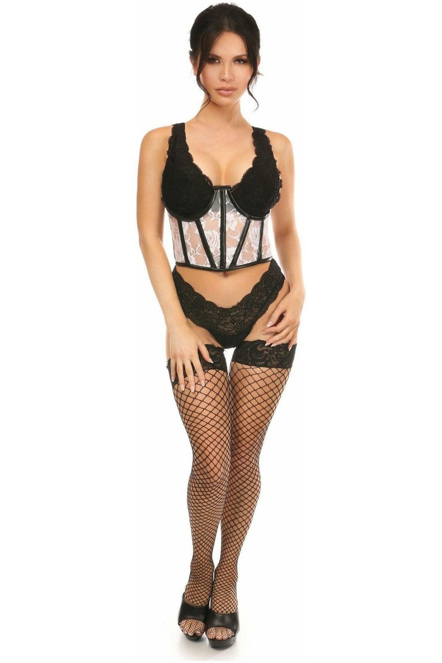 Lavish Sheer White Lace & Faux Leather Open Cup Waist Cincher - Daisy Corsets