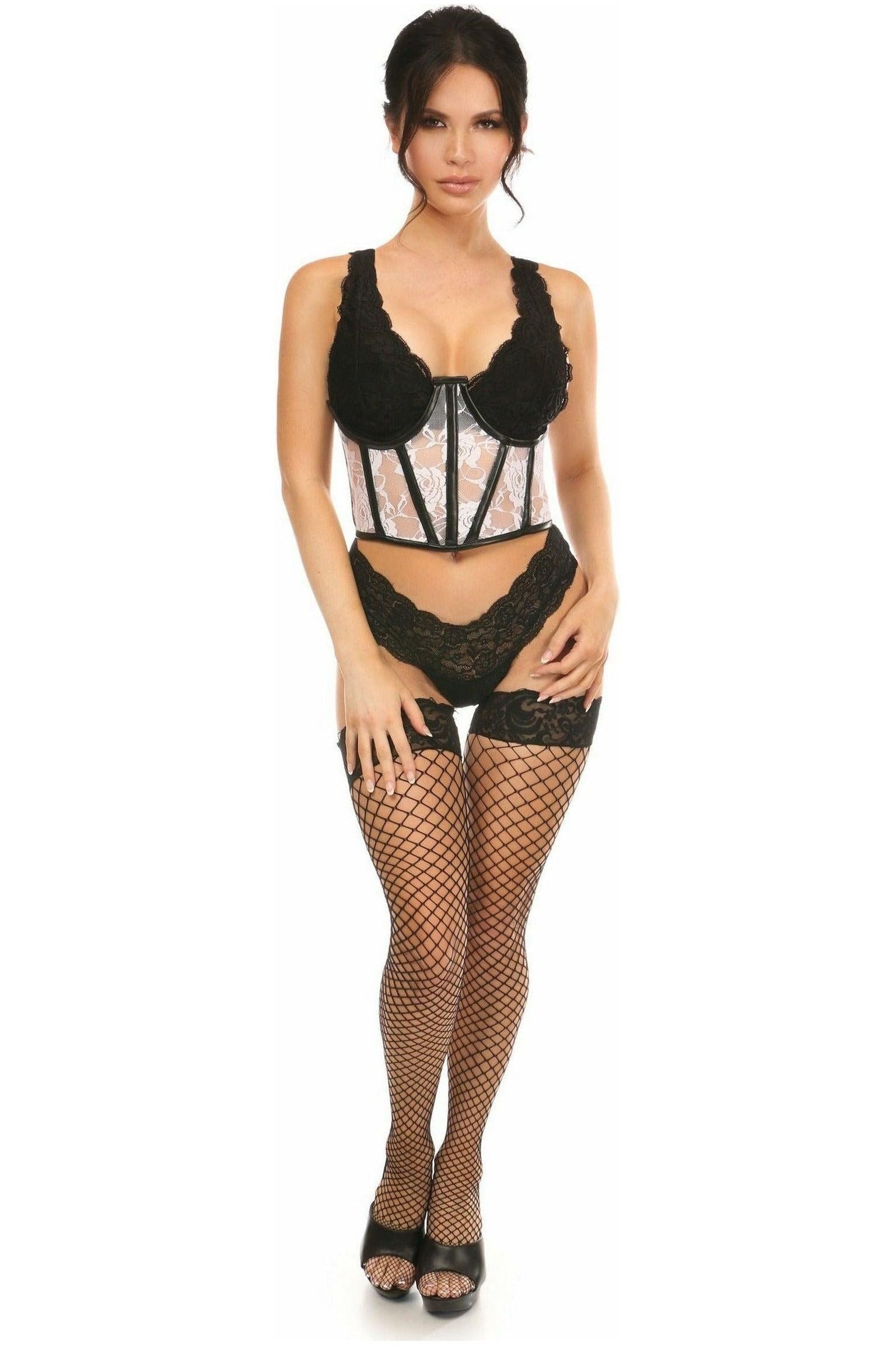 Lavish Sheer White Lace & Faux Leather Open Cup Waist Cincher - Daisy Corsets