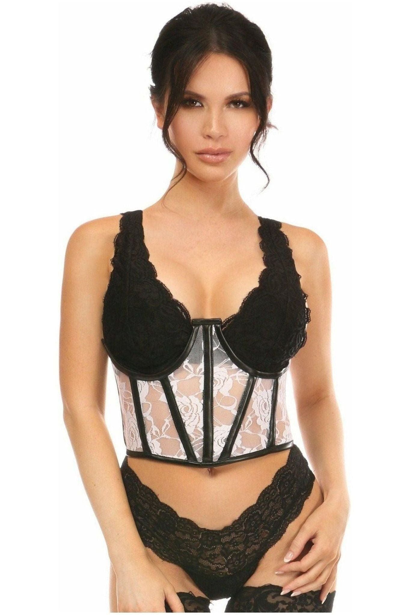 Lavish Sheer White Lace & Faux Leather Open Cup Waist Cincher - Daisy Corsets
