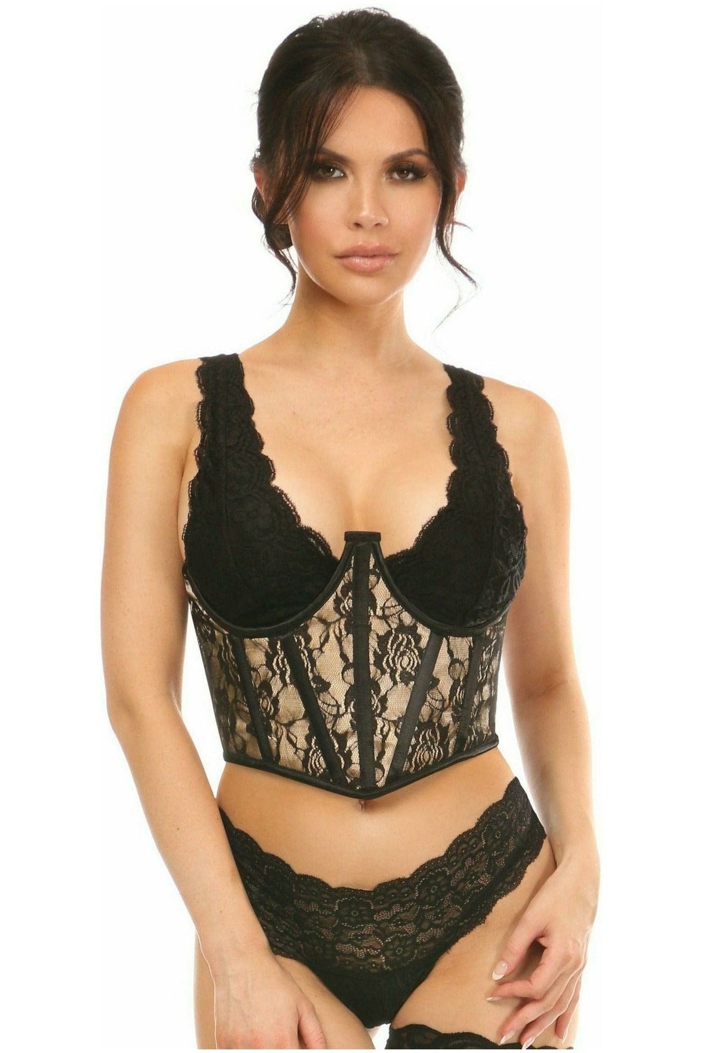 Lavish Tan w/Black Lace Overlay Open Cup Waist Cincher - Daisy Corsets