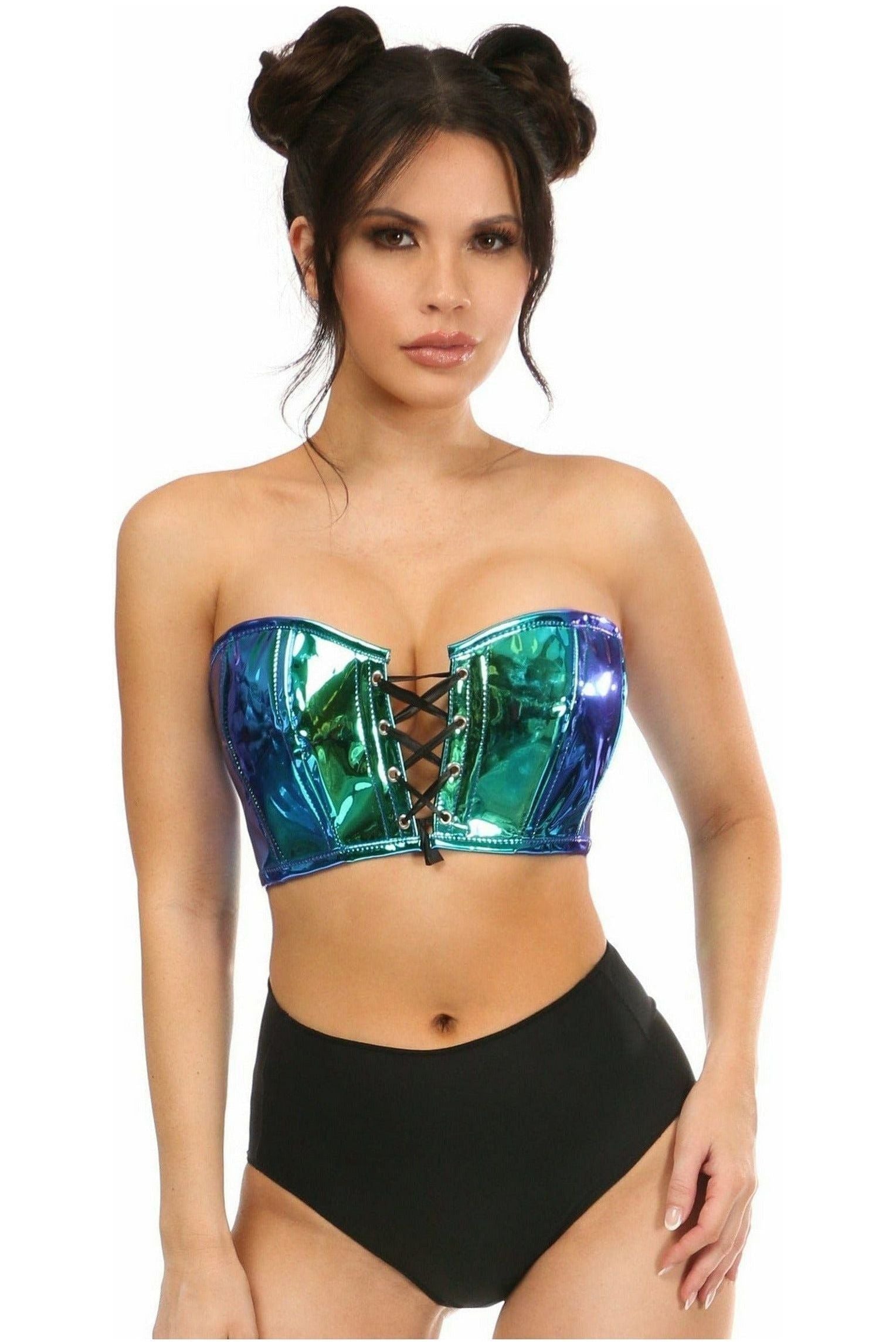 Lavish Teal/Blue Holo Lace - Up Short Bustier Top - Daisy Corsets