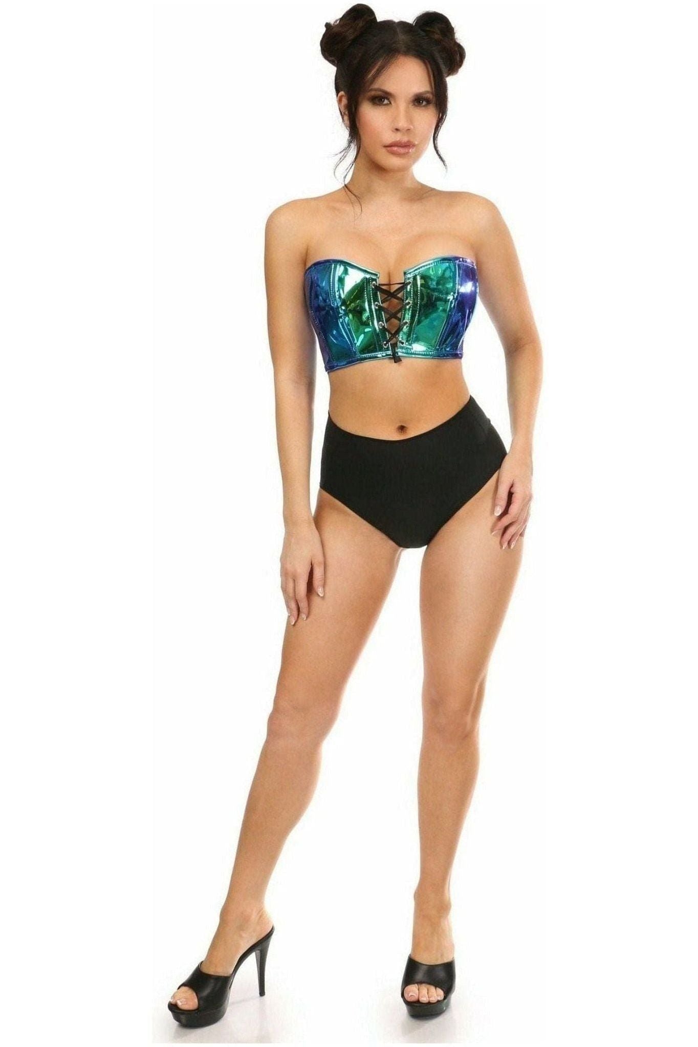 Lavish Teal/Blue Holo Lace - Up Short Bustier Top - Daisy Corsets