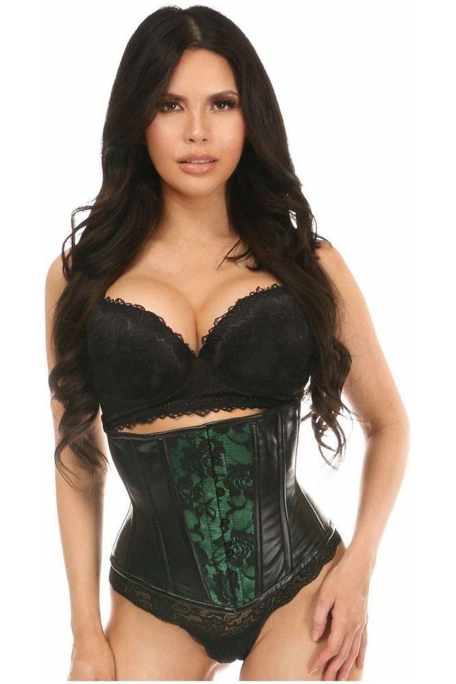 Lavish Wet Look Under Bust Corset Green w/Lace Overlay - Daisy Corsets