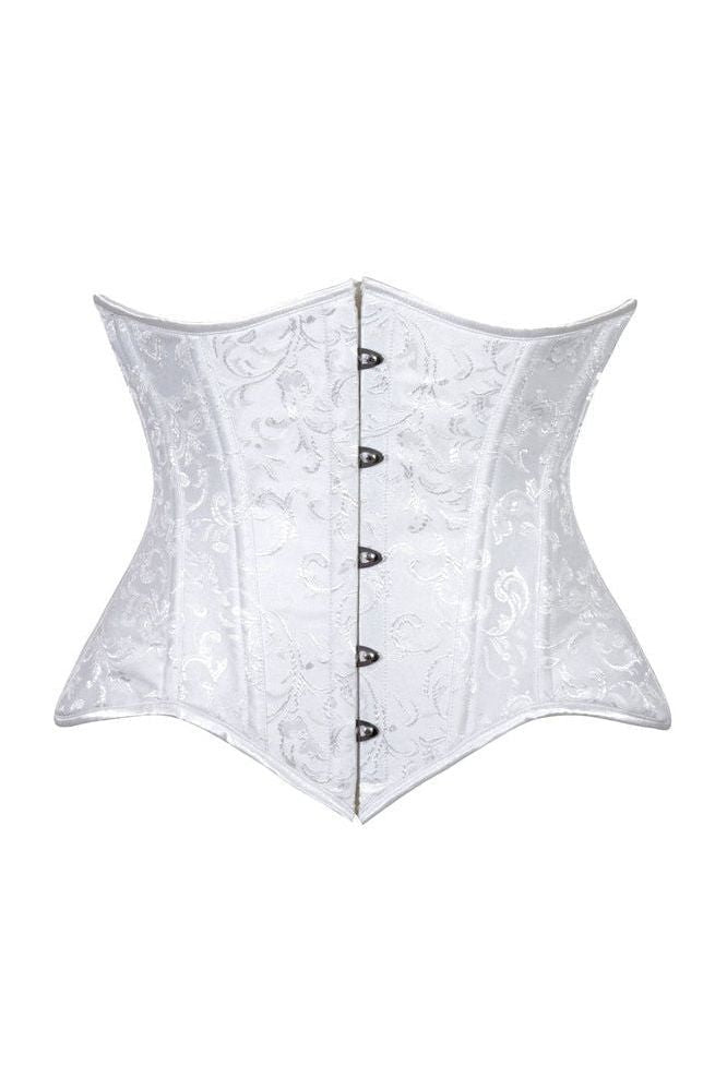 Lavish White Brocade Waist Cincher Under Bust Corset w/Front Busk Closure - Daisy Corsets