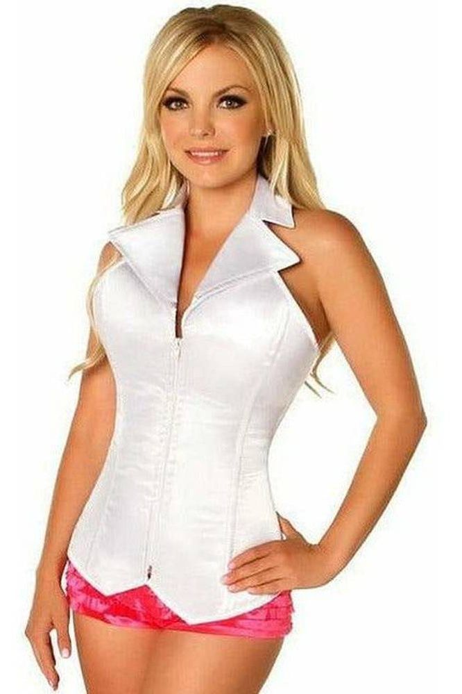 Lavish White Collared Front Zipper Corset - Daisy Corsets