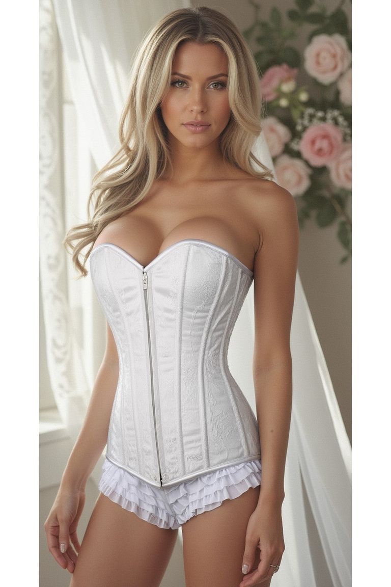 Lavish White Lace Overbust Corset w/Zipper - Daisy Corsets